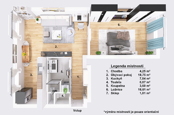 Půdorys bytu. - Prodej bytu 2+kk v osobním vlastnictví 54 m², Praha 9 - Hloubětín