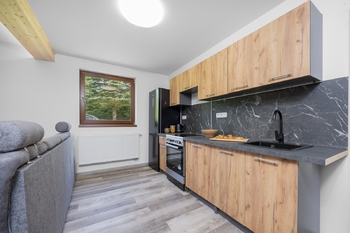 Obývací pokoj s kuchyňským koutem - Dům 1 - Prodej domu 276 m², Volary