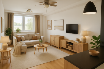 Vizualizace obýváku - Prodej bytu 2+kk v osobním vlastnictví 48 m², Mnichovo Hradiště