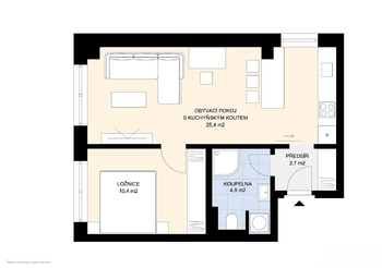 2D půdorys - Prodej bytu 2+kk v osobním vlastnictví 48 m², Mnichovo Hradiště