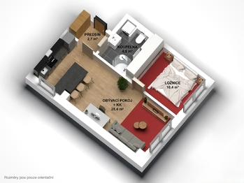 3D půdorys - Prodej bytu 2+kk v osobním vlastnictví 48 m², Mnichovo Hradiště
