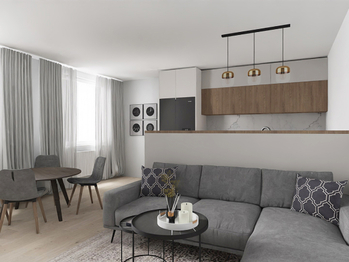 Pohled na sedací soupravu a část obývacího pokoje - Prodej bytu 3+kk v osobním vlastnictví 78 m², Příbram