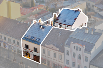 Vykreslení celé nemovitosti v řadové zástavbě - Prodej obchodních prostor 1020 m², Jindřichův Hradec