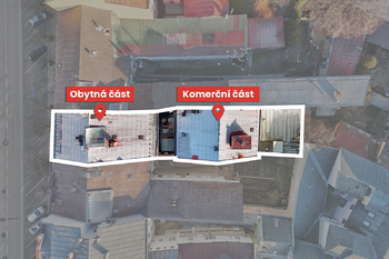 Pohled na dům z dronu - Prodej obchodních prostor 1020 m², Jindřichův Hradec