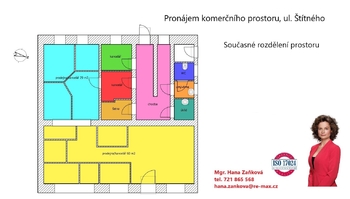 plánek- současné rozdělení - Pronájem obchodních prostor 126 m², České Budějovice