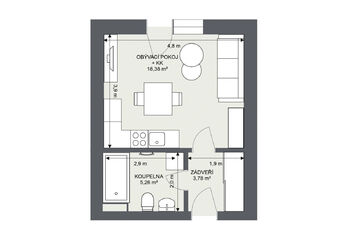 Půdorys bytu - Prodej bytu 1+kk v osobním vlastnictví 29 m², Praha 10 - Uhříněves