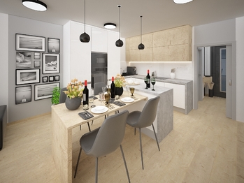 Vizualizace kuchyně a obývací pokoj - Prodej domu 92 m², Měnín