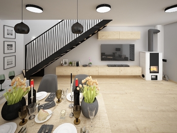 Vizualizace kuchyně a obývací pokoj - Prodej domu 92 m², Měnín