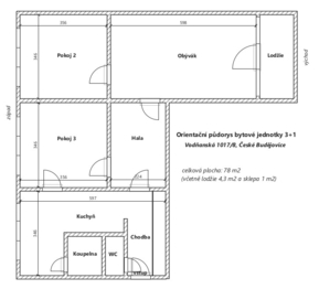 Půdorys bytu - Prodej bytu 3+1 v osobním vlastnictví 78 m², České Budějovice