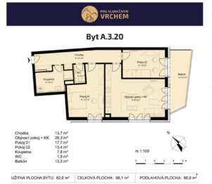 plánek bytu - Prodej bytu 3+kk v družstevním vlastnictví 89 m², Vrchlabí