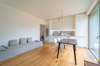 Obývací pokoj s kuchyňskou linkou - Pronájem bytu 1+kk v osobním vlastnictví 41 m², Praha 6 - Dejvice