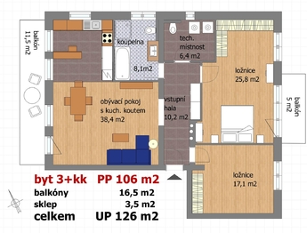současný půdorys - Prodej bytu 3+kk v osobním vlastnictví 126 m², Český Krumlov