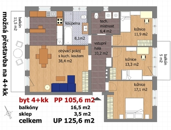možná přestavba na 4+kk - Prodej bytu 3+kk v osobním vlastnictví 126 m², Český Krumlov