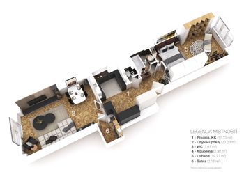 3D půdorys - Prodej bytu 2+1 v osobním vlastnictví 67 m², Praha 7 - Holešovice
