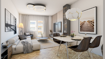vizualizace obývacího pokoje - Prodej bytu 2+1 v osobním vlastnictví 67 m², Praha 7 - Holešovice