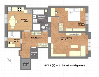 půdorys s nábytkem rodina 1 - Pronájem bytu 2+1 v osobním vlastnictví 78 m², Praha 8 - Libeň