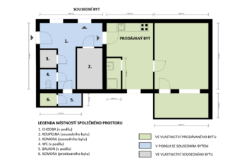 půdorys bytu a společných prostor - Prodej bytu 1+1 v osobním vlastnictví 44 m², Plzeň