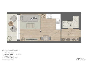 plánek bytu - Prodej bytu 1+kk v osobním vlastnictví 23 m², Praha 8 - Kobylisy