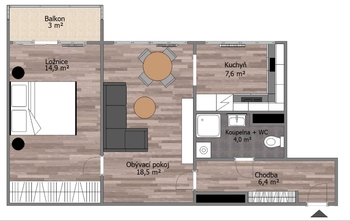 Půdorys  - Pronájem bytu 2+1 v osobním vlastnictví 54 m², Mladá Boleslav