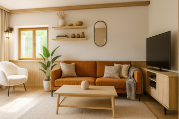 vizualizace  - takto by mohl vypadat obývací pokoj po úpravě - Prodej chaty / chalupy 74 m², Slabce