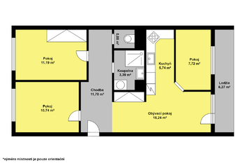 půdorys bytu - Prodej bytu 3+1 v osobním vlastnictví 72 m², Kolín