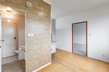 Kuchyně + pohled na koupelnu. - Pronájem bytu 1+1 v osobním vlastnictví 44 m², Jindřichův Hradec
