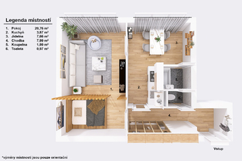 Půdorys. - Pronájem bytu 1+1 v osobním vlastnictví 44 m², Jindřichův Hradec