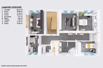 Půdorys (druhé patro). - Prodej domu 247 m², České Velenice