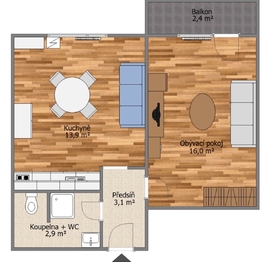 Půdorys - Prodej bytu 1+1 v osobním vlastnictví 44 m², Třebíč