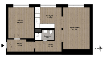 půdorys bytu - Prodej bytu 2+kk v osobním vlastnictví 58 m², Plzeň
