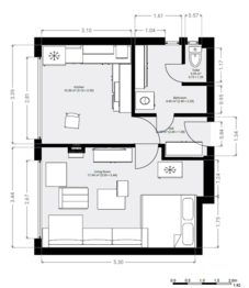Půdorys - Prodej bytu 1+1 v osobním vlastnictví 41 m², Praha 4 - Písnice