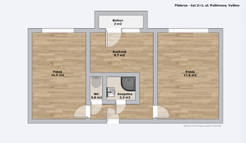 Půdorys - Prodej bytu 2+1 v osobním vlastnictví 54 m², Vyškov