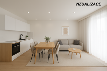 Vizualizace kuchyň + obývací pokoj - Prodej bytu 3+kk v osobním vlastnictví 67 m², Brno 