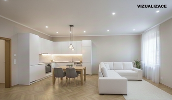Vizualizace kuchyň + obývací pokoj - Prodej bytu 3+kk v osobním vlastnictví 67 m², Brno