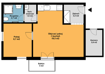 půdorys - Pronájem bytu 2+kk v osobním vlastnictví 38 m², Zbůch