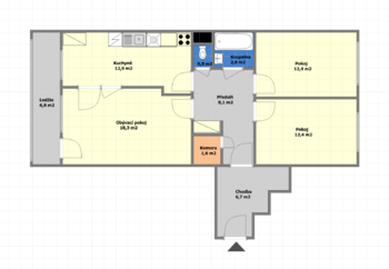 Půdorys bytu - Prodej bytu 3+1 v osobním vlastnictví 78 m², Praha 4 - Háje