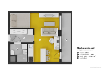 Půdorys bytu - Pronájem bytu 1+kk v osobním vlastnictví 35 m², Praha 10 - Hostivař