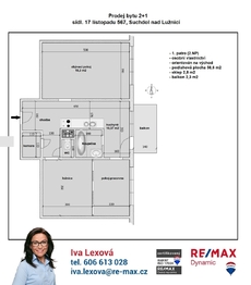 orientační půdorys - Prodej bytu 2+1 v osobním vlastnictví 64 m², Suchdol nad Lužnicí