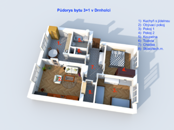 Půdorys bytu - Prodej bytu 3+1 v osobním vlastnictví 72 m², Drnholec