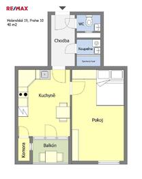 Orientančí půdorys - Pronájem bytu 2+kk v osobním vlastnictví 40 m², Praha 10 - Vršovice