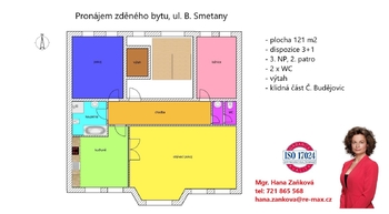 plánek - Pronájem bytu 3+1 v osobním vlastnictví 121 m², České Budějovice
