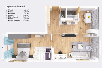 Půdorys. - Prodej bytu 2+1 v osobním vlastnictví 63 m², Jindřichův Hradec