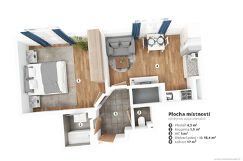 3D model - Prodej bytu 2+kk v osobním vlastnictví 43 m², Praha 3 - Žižkov