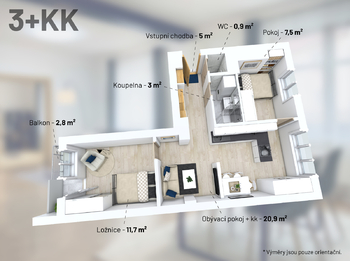Půdorys - Prodej bytu 3+kk v osobním vlastnictví 53 m², Pardubice