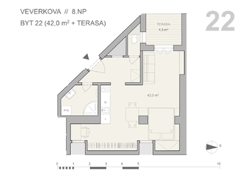 Půdorys - Pronájem bytu 1+kk v osobním vlastnictví 42 m², Praha 7 - Holešovice