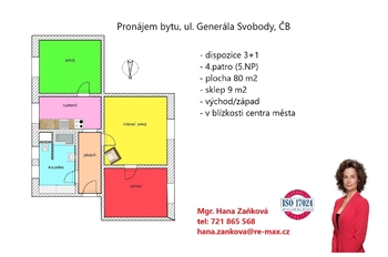 plánek - Pronájem bytu 3+1 v osobním vlastnictví 79 m², České Budějovice