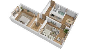 3D půdorys - Prodej bytu 2+1 v osobním vlastnictví 61 m², Břeclav