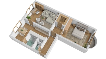 3D půdorys - Prodej bytu 2+1 v osobním vlastnictví 61 m², Břeclav