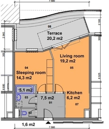 Plánek bytu - Prodej bytu 2+kk v osobním vlastnictví 74 m², Praha 9 - Libeň