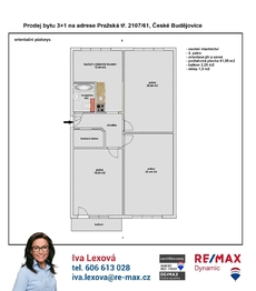 orientační půdorys - Prodej bytu 3+1 v osobním vlastnictví 85 m², České Budějovice